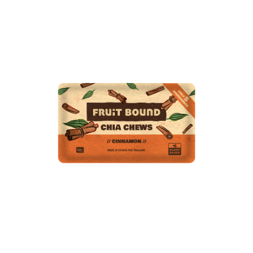 Fruit Bound Chia Chews packaging with cinnamon flavor on a white background